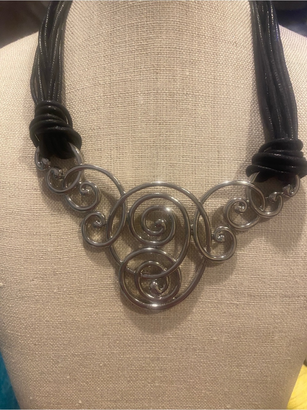 Black Cord Necklace with Silver Swirl Pendant